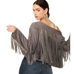 Vocal Womens Faux Suede Fringe Jacket S Gray Western  Cowgirl Boho Festival Top